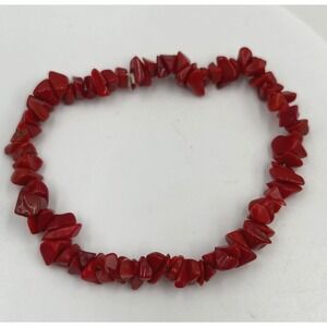Vintage Y2K Elasticized Cord Randomized Mosaic Red Coral Chip Stretch Bracelet